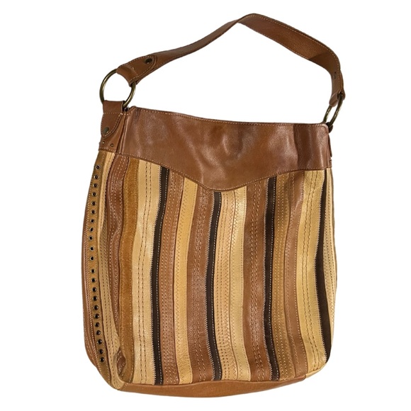 Fossil leather studded riveted western boho shoulder bag suede neutral - Picture 1 of 12